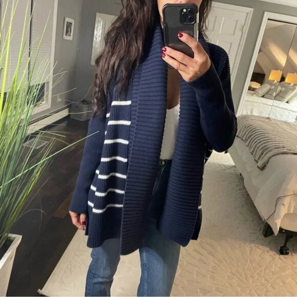 Athleta blue + white stripe chunky cardigan sweater - Small - Picture 1 of 5